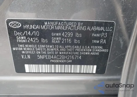 2011 Hyundai Sonata Gls from USA, damaged, VIN 5NPEB4AC2BH216714